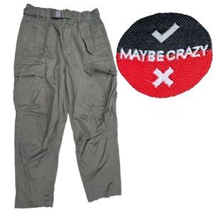 Maybe Crazy Pants Men's Medium Green Olive Belted Cargo Pants Tapered Comfort
